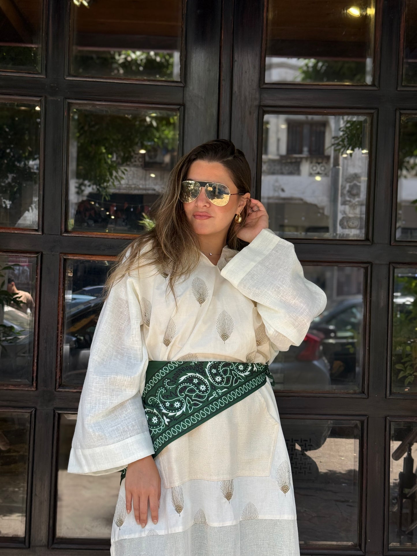 Multi fabric tunic with mesh parts
