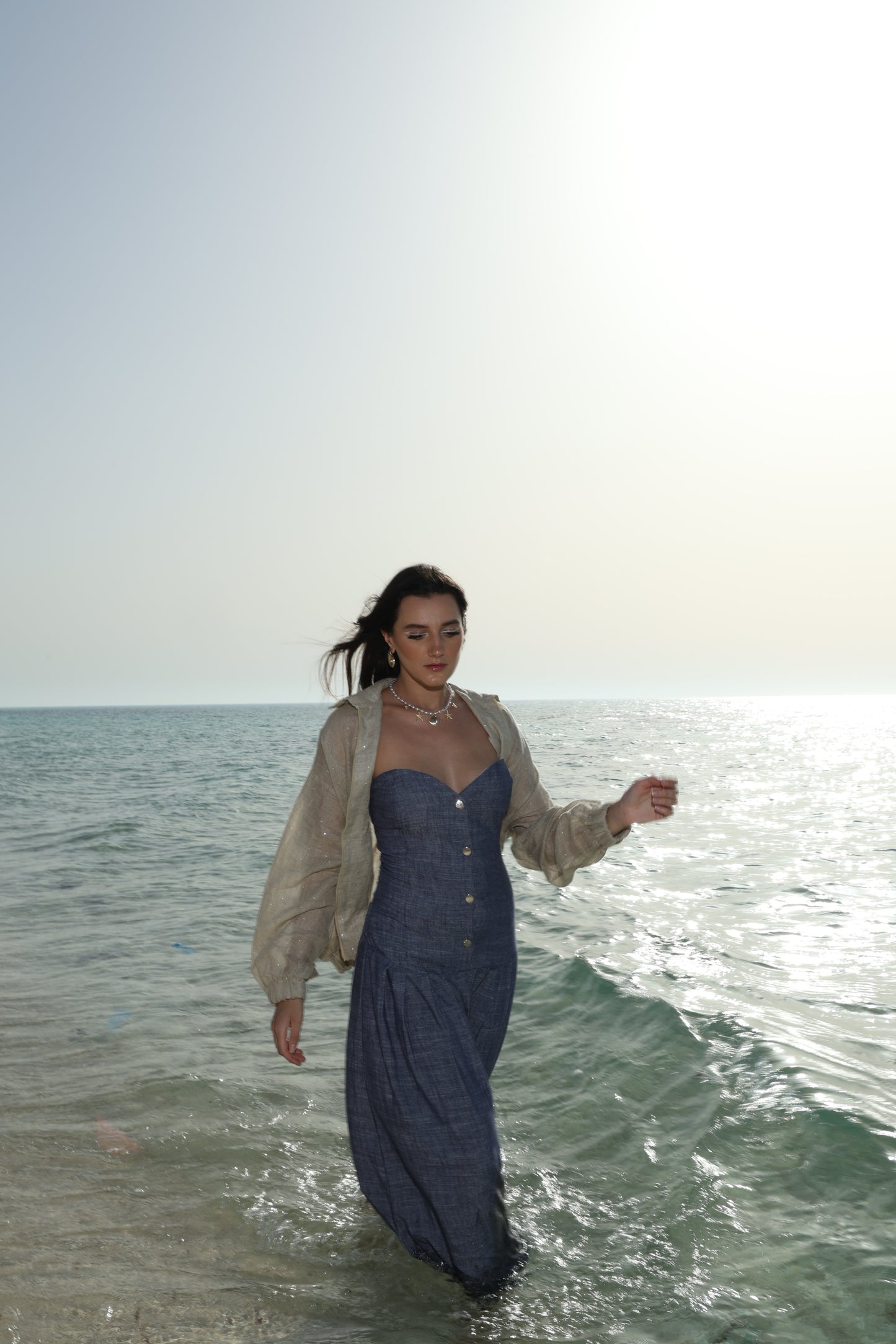 Denim shade jumpsuit dress 2 in 1
