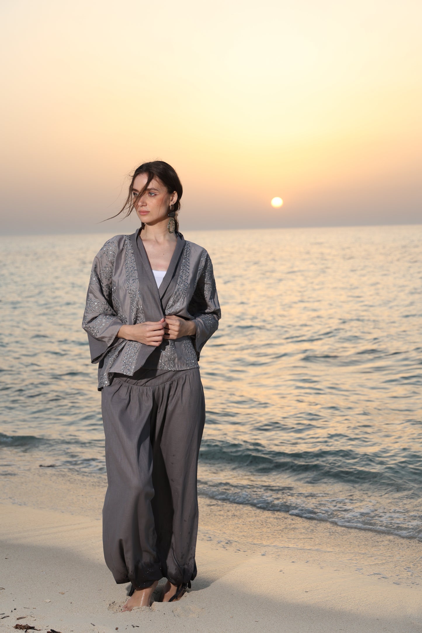 Grey oversized criss cross waist pants