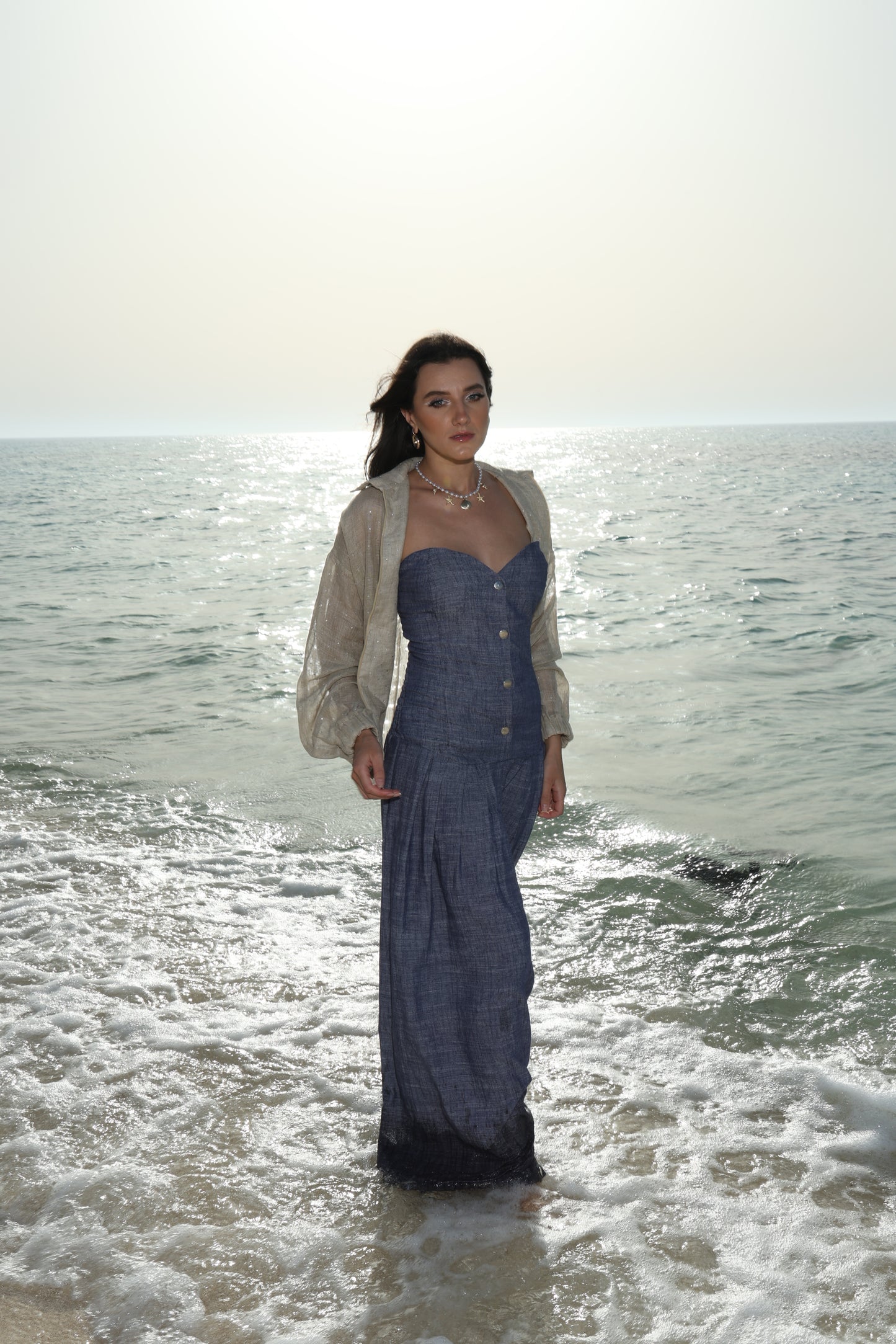 Denim shade jumpsuit dress 2 in 1