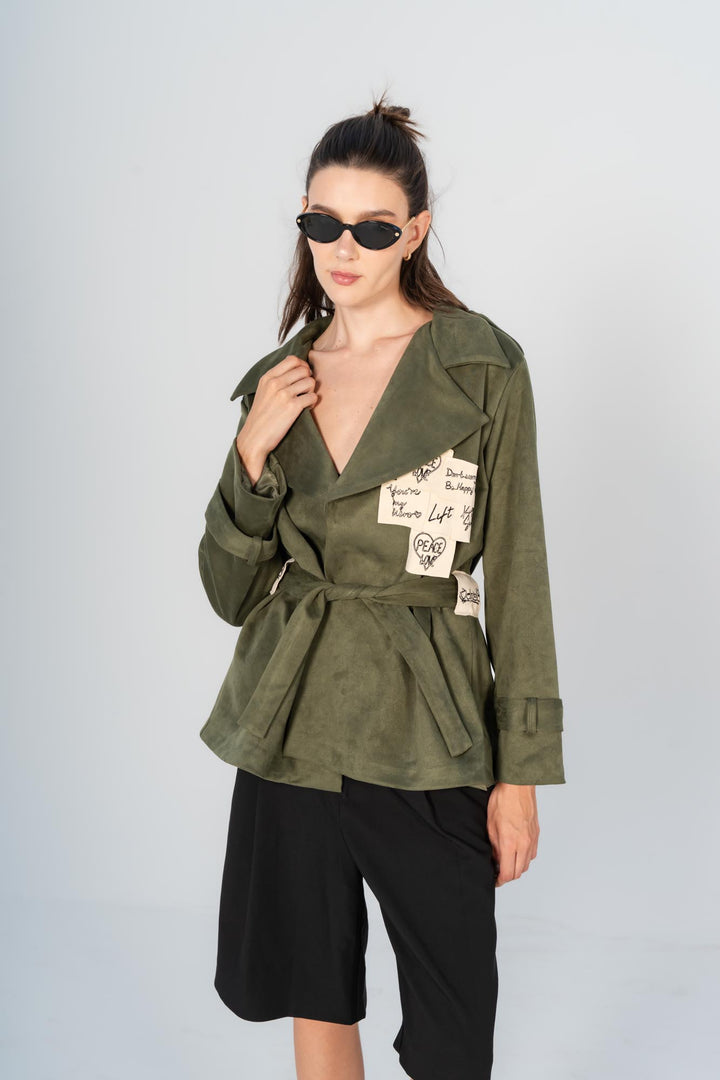Olive sticky notes suede coat