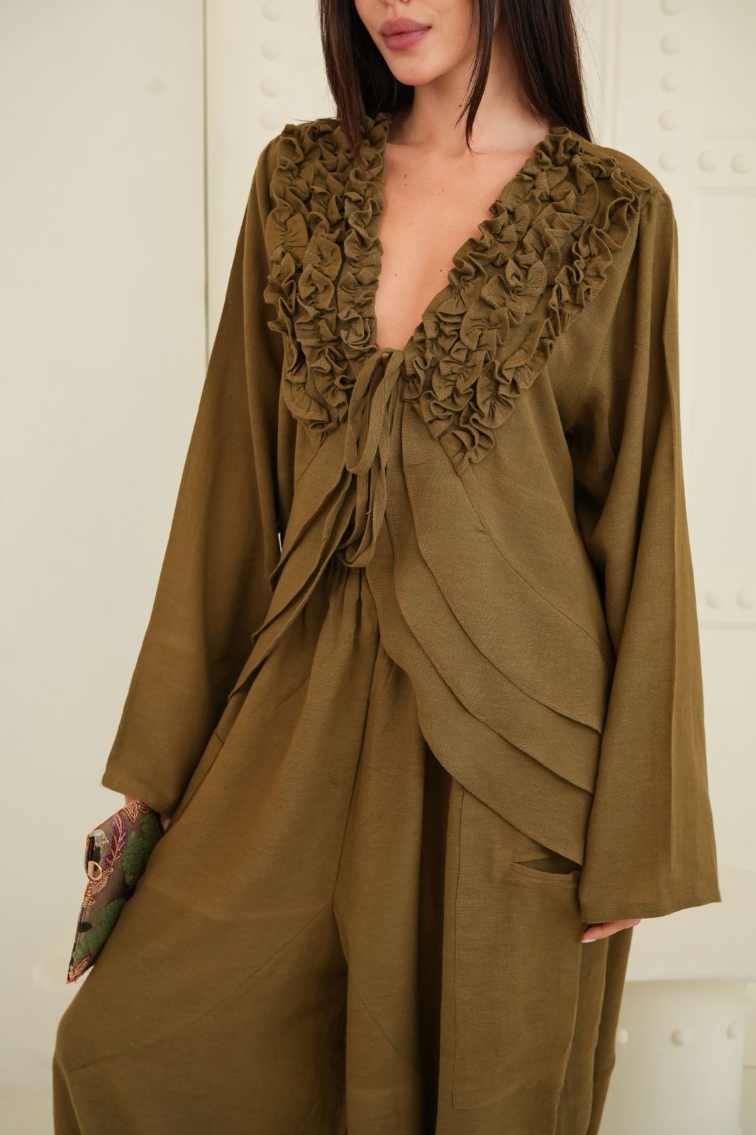 Olive brown ruffled muse blouse