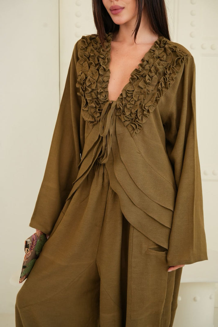 Olive brown ruffled muse blouse