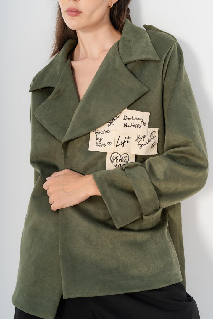 Olive sticky notes suede coat