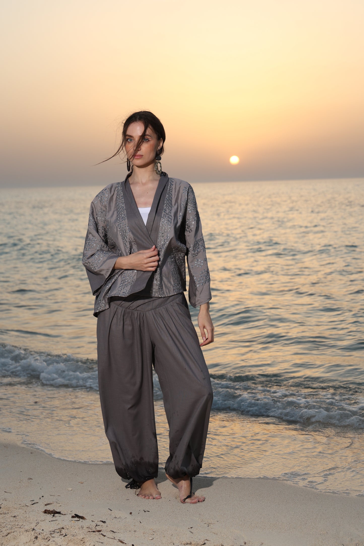 Grey oversized criss cross waist pants