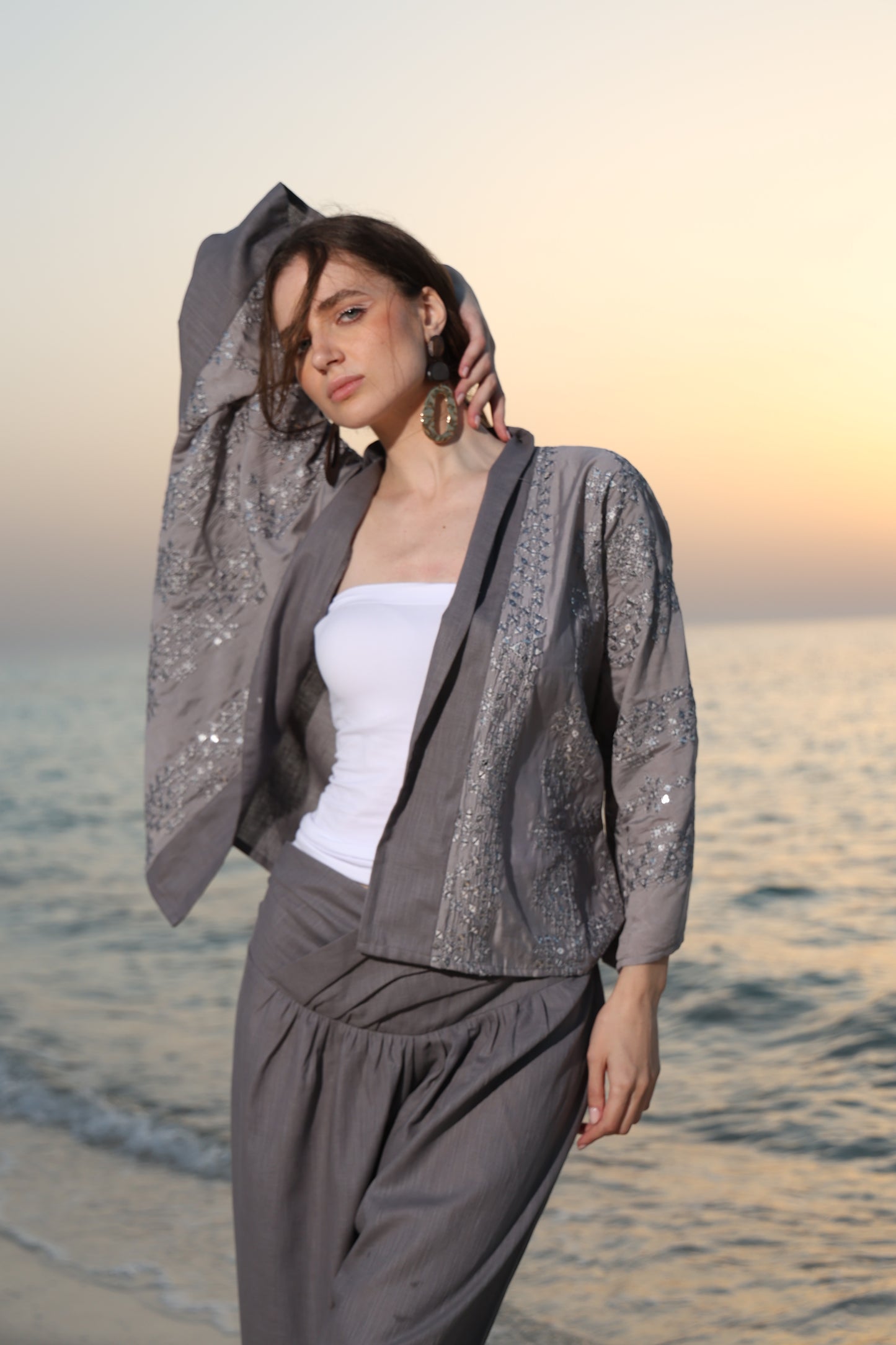 Grey oversized criss cross waist pants