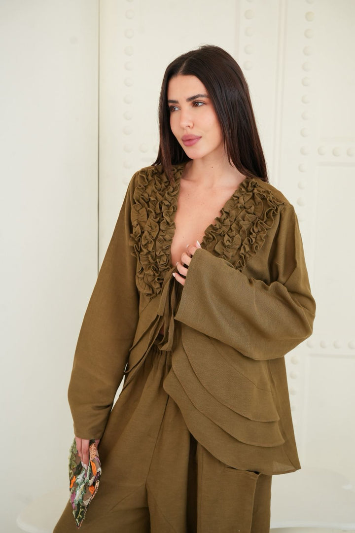 Olive brown ruffled muse blouse