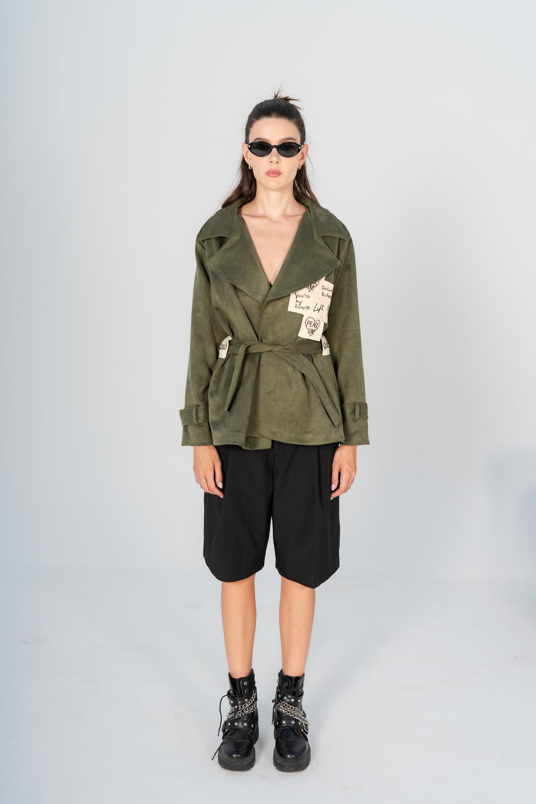 Olive sticky notes suede coat