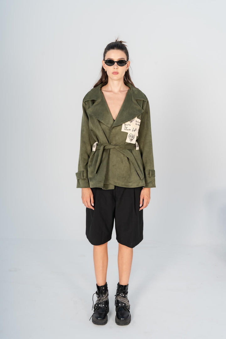 Olive sticky notes suede coat