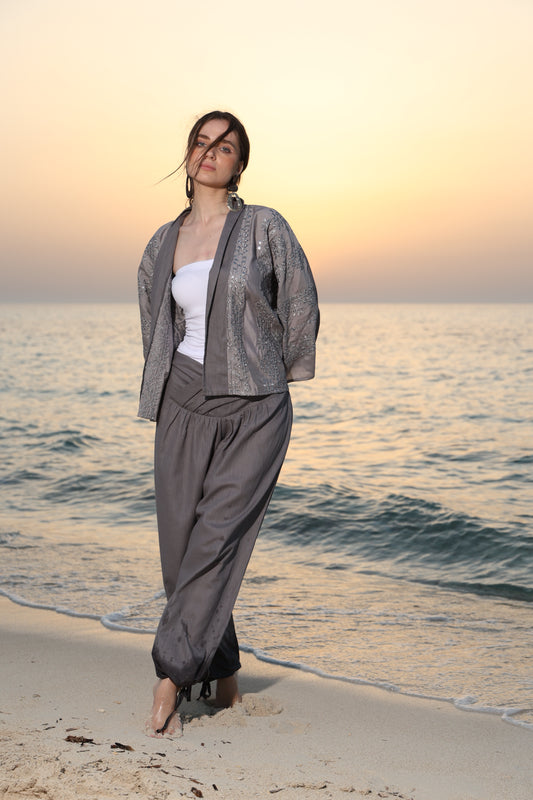 Grey oversized criss cross waist pants