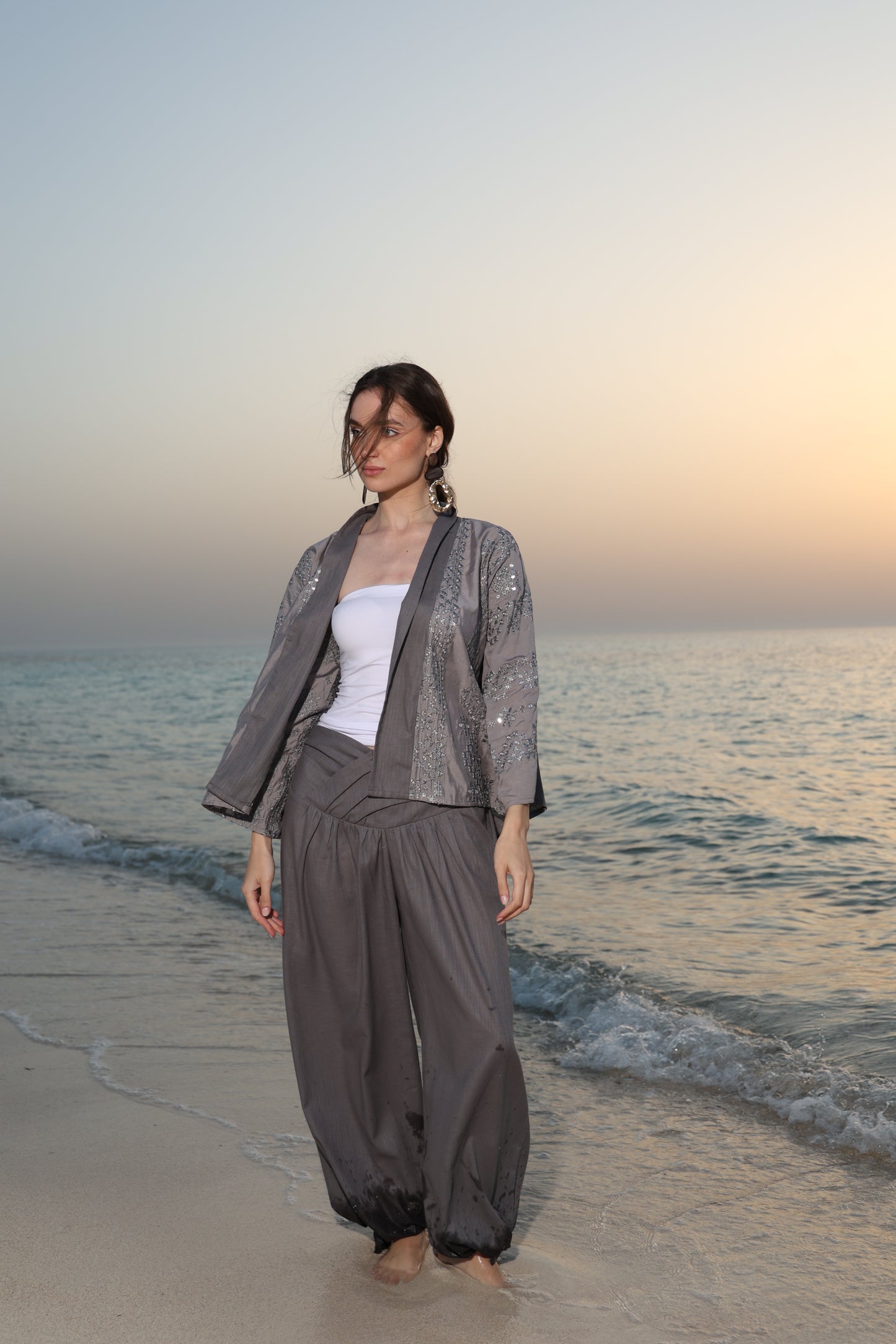 Grey oversized criss cross waist pants