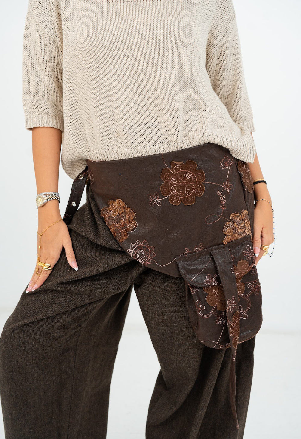 Brown Embroidered leather Belt