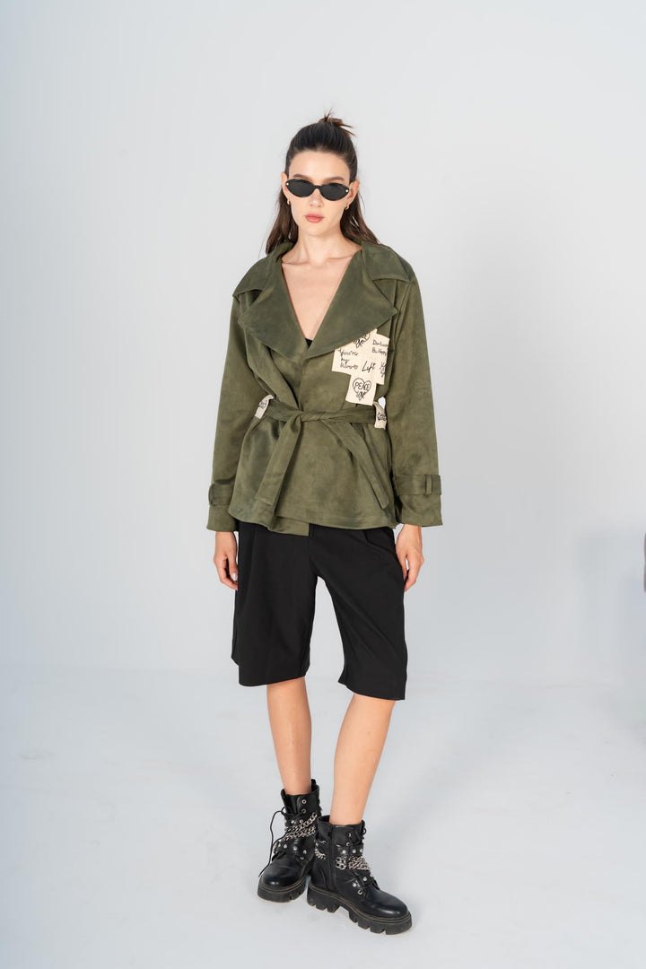 Olive sticky notes suede coat