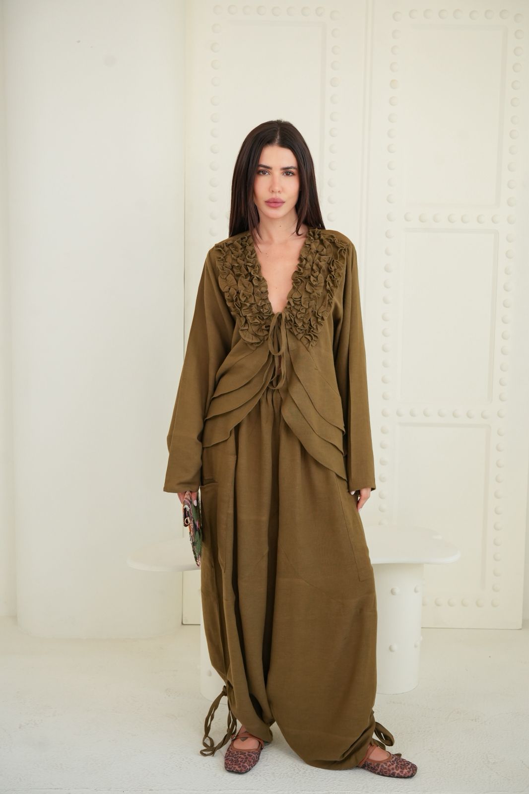 Olive brown ruffled muse blouse