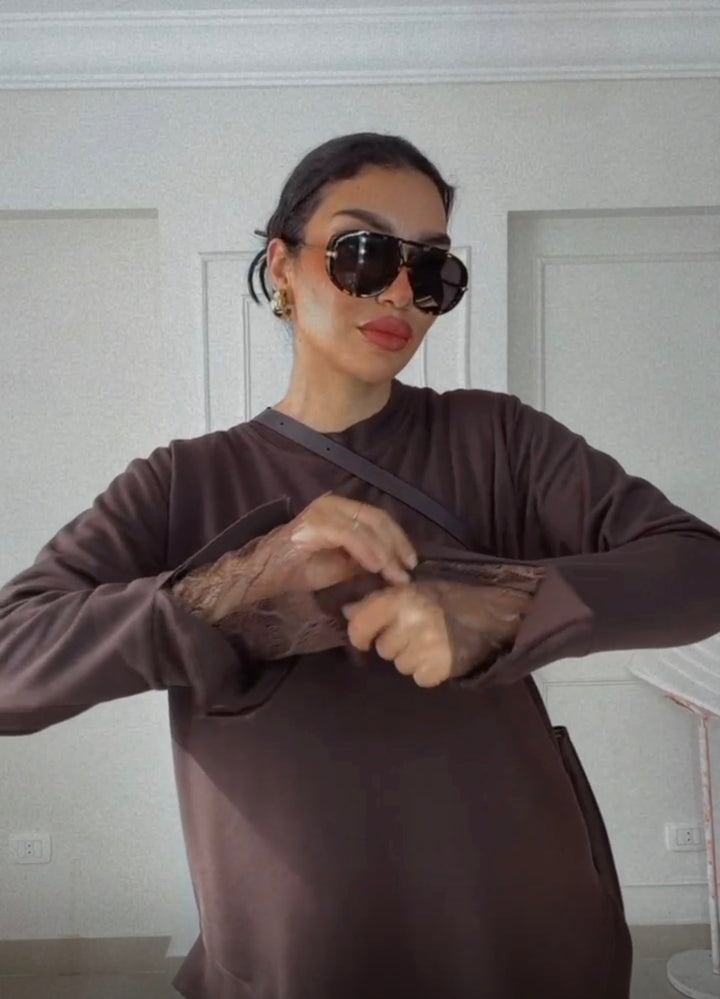 Brown comfy set with lace cuffs