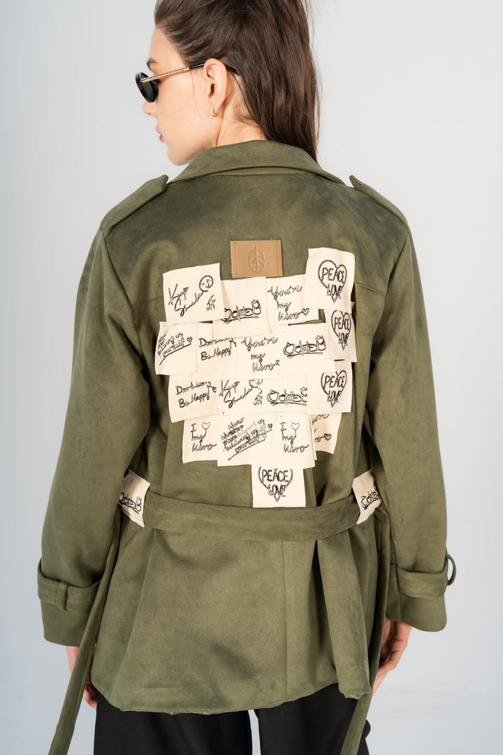 Olive sticky notes suede coat