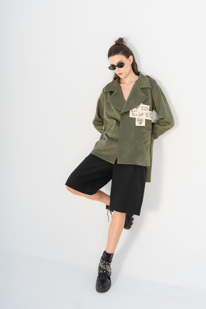 Olive sticky notes suede coat