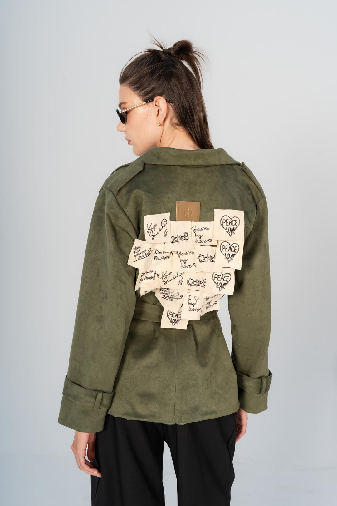Olive sticky notes suede coat
