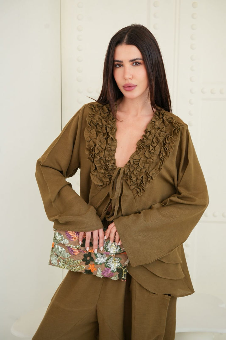 Olive brown ruffled muse blouse