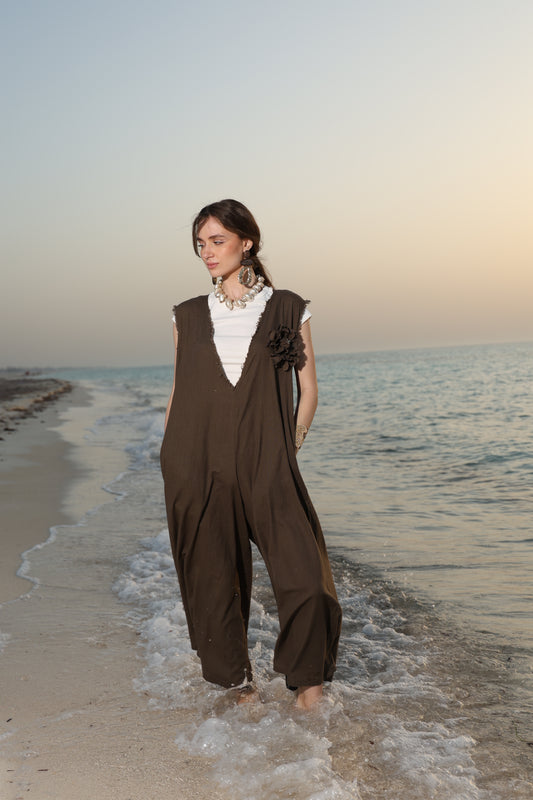 Oversized dark olive brown jumpsuit