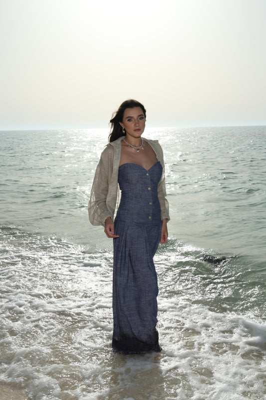 Denim shade jumpsuit dress 2 in 1