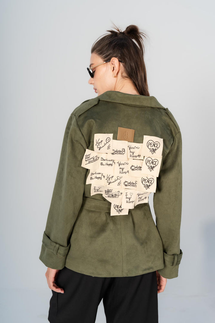 Olive sticky notes suede coat