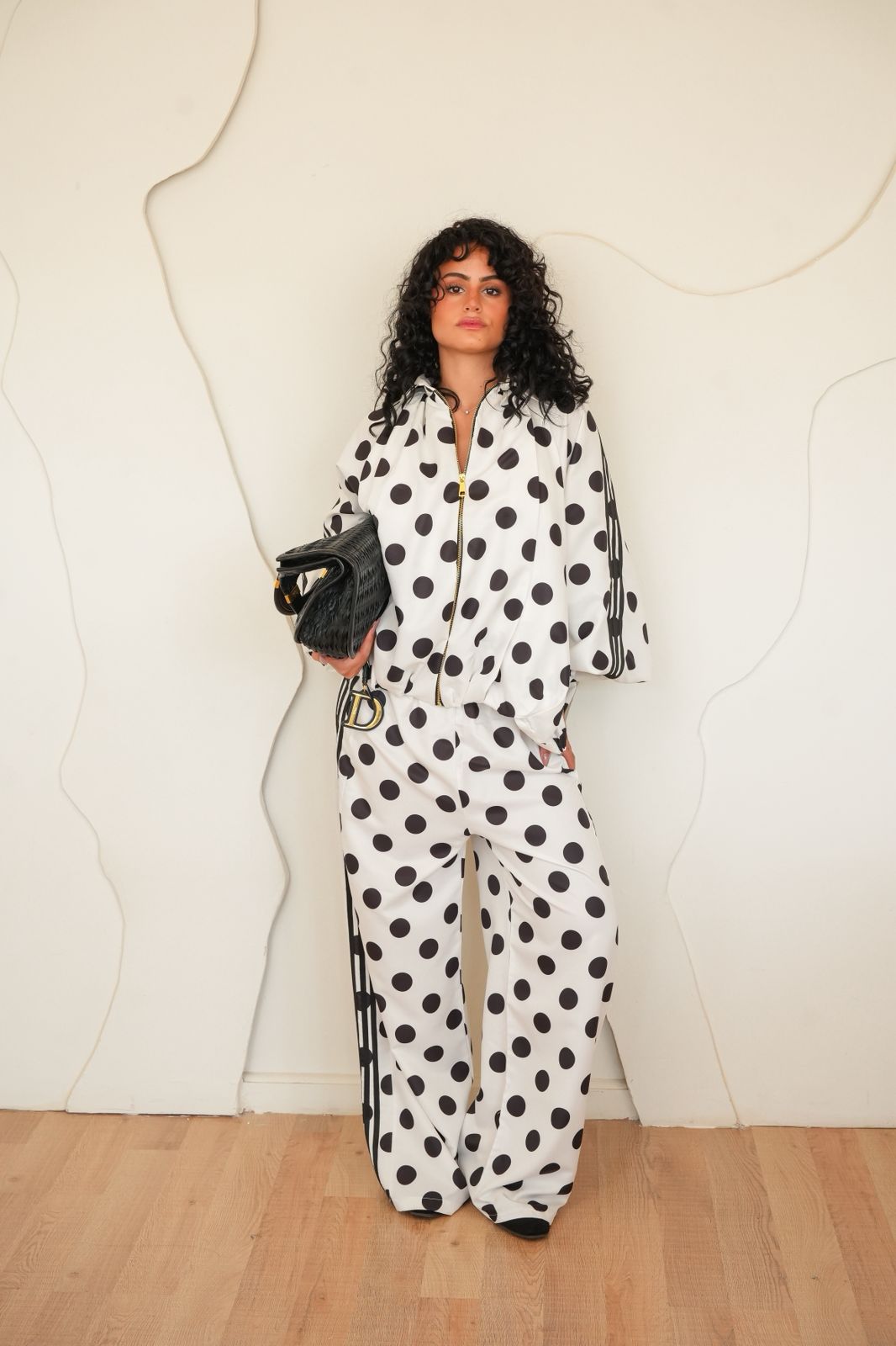 White Polka dot zipper bomber