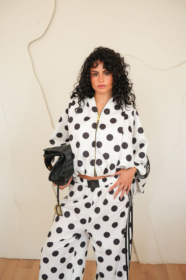 White Polka dot zipper bomber