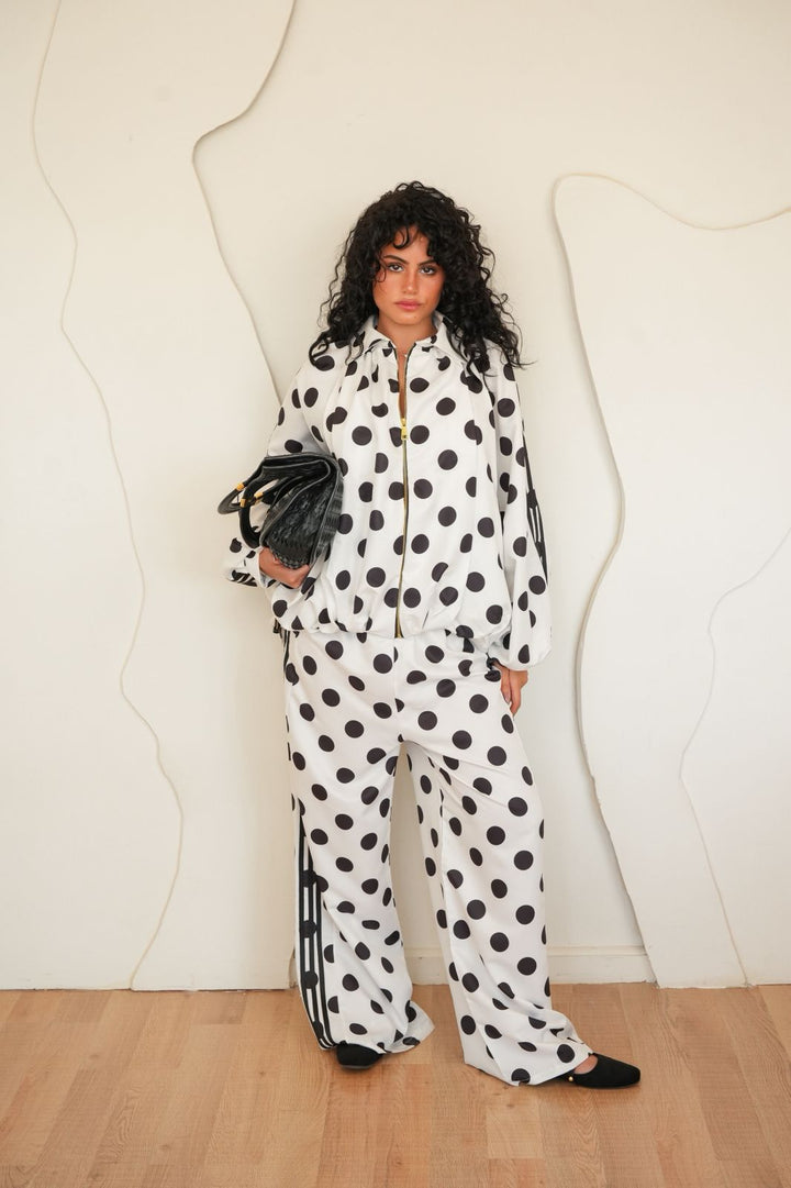 White Polka dot zipper bomber