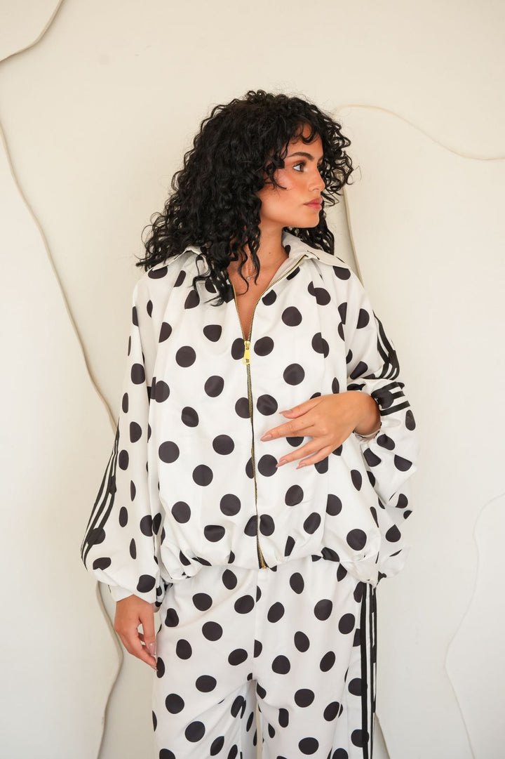 White Polka dot zipper bomber