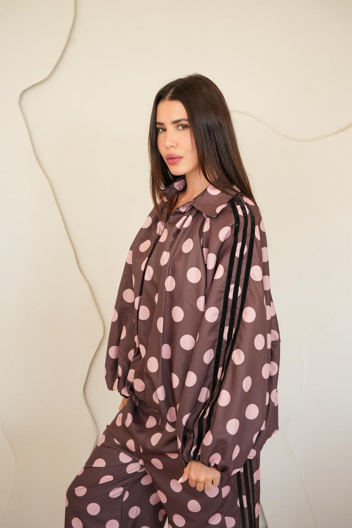 Caramel Polka dot zipper bomber