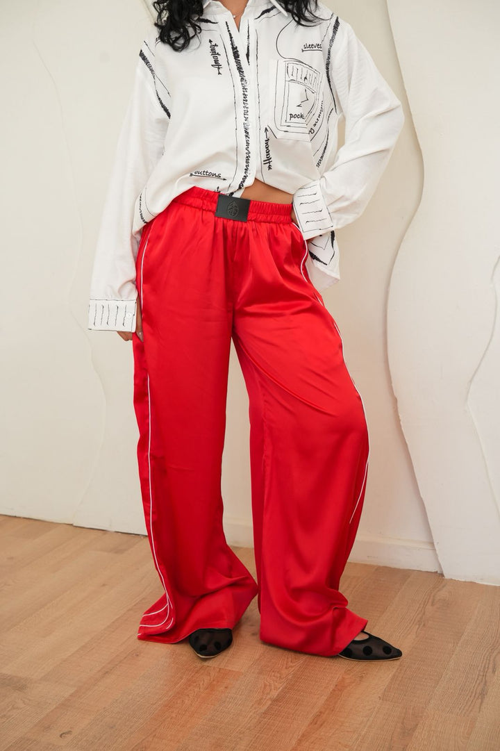 Red vela satin pants