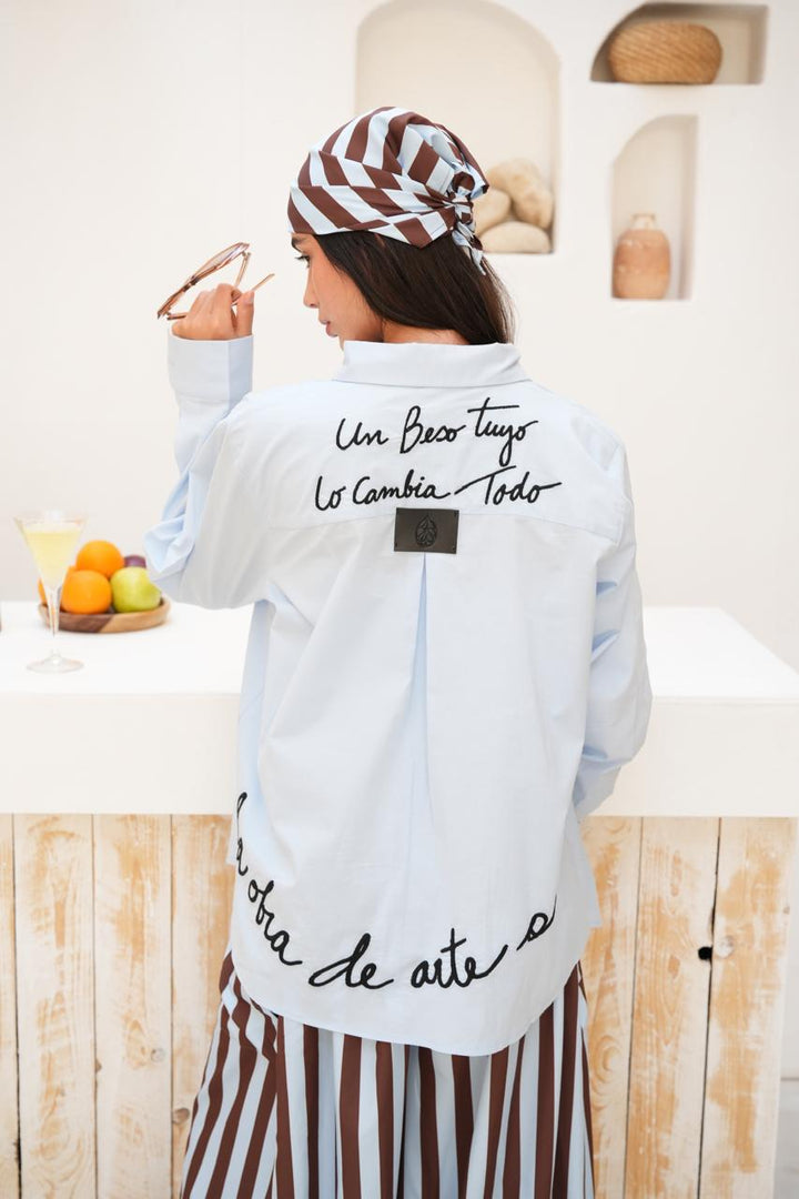 Blue embroidered Amor shirt